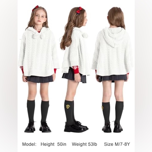 Cape Girls Hooded Cable Knit Poncho Sweaters Kids Shawl Sweater Pullover 5/6Y - Picture 2 of 4